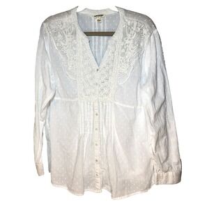 Tantrums White Swiss Dot Top Pleated Button Front Lace Roll Tab Sleeve Size XL